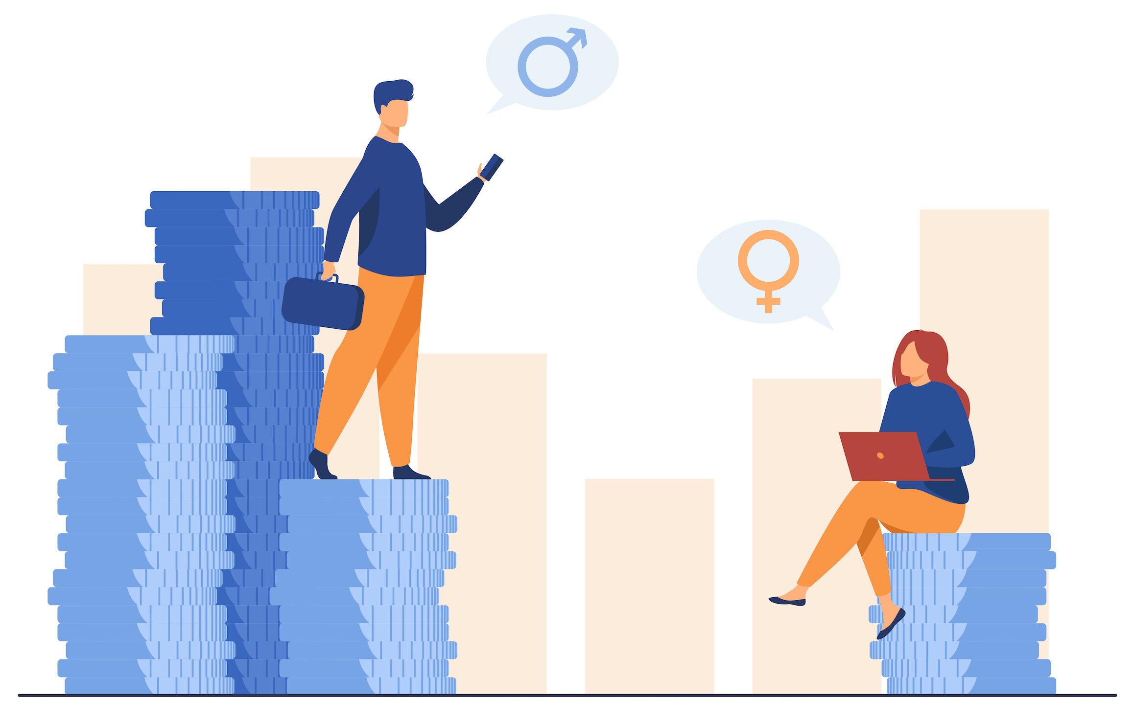 Earnings gender discrimination. Man and woman getting different salary. Flat vector illustration.